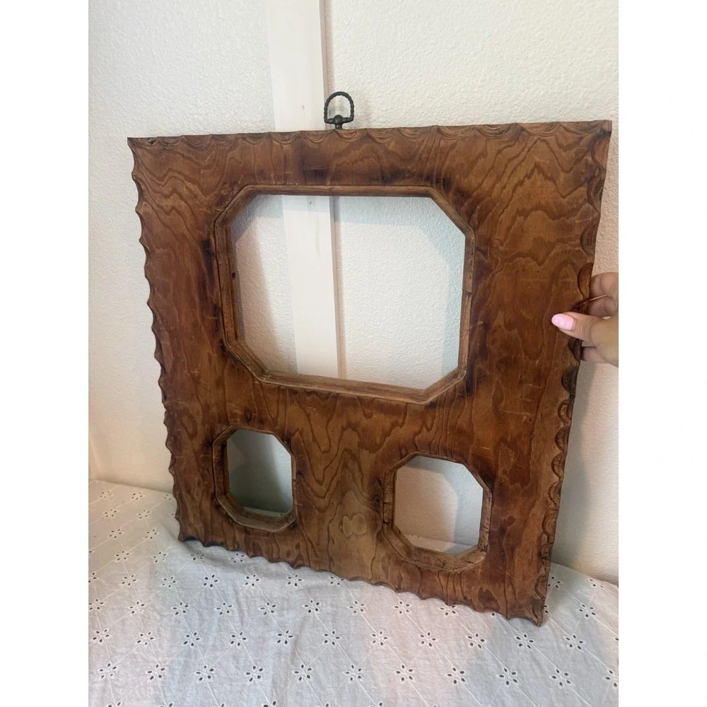 Vtg Tramp Art Style Triple Opening Wooden Picture Frame Carved Folk 19.5